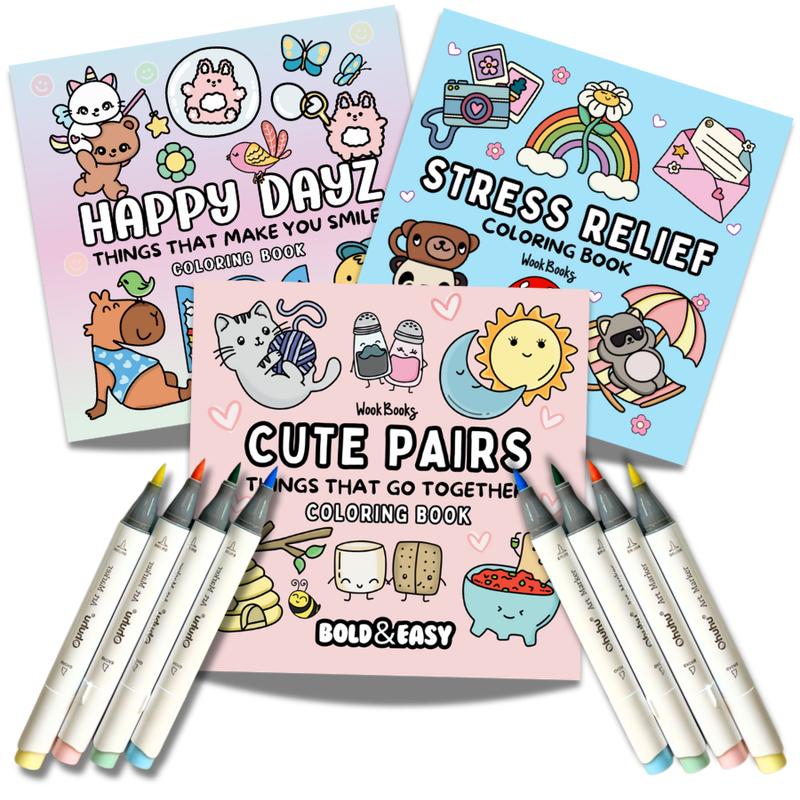 Coloring Book and Marker Bundle by Wook Books, 3 Bold and Easy Books with 8 Mystery Ohuhu Brush-Tip Alcohol Markers, Protective Sheet and Sticker Gifts