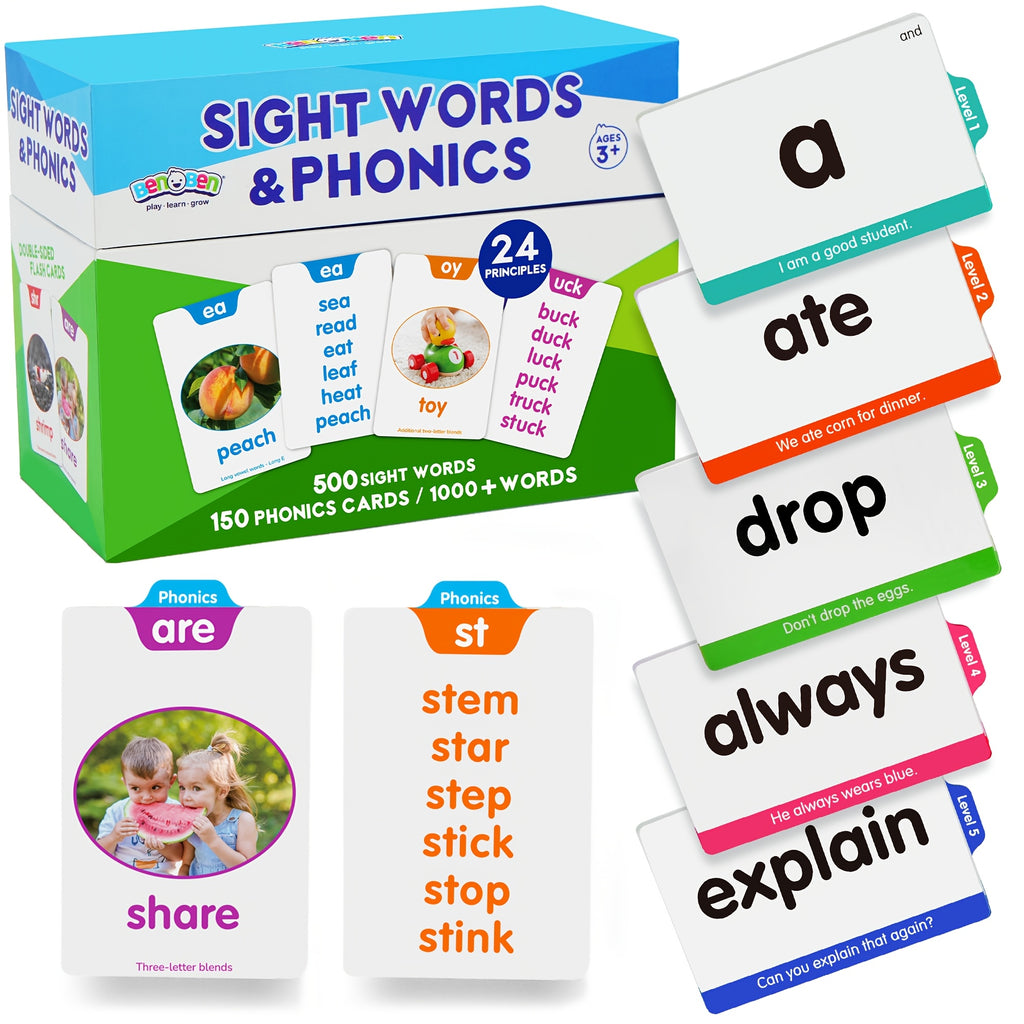 500 Sight Words & 150 Phonics Flash Cards Set – 1000+ Words, Dolch & Fry High Frequency Words, CVC Blends & Long Vowels, Learn to Read for Pre-K to 3rd Grade Kids