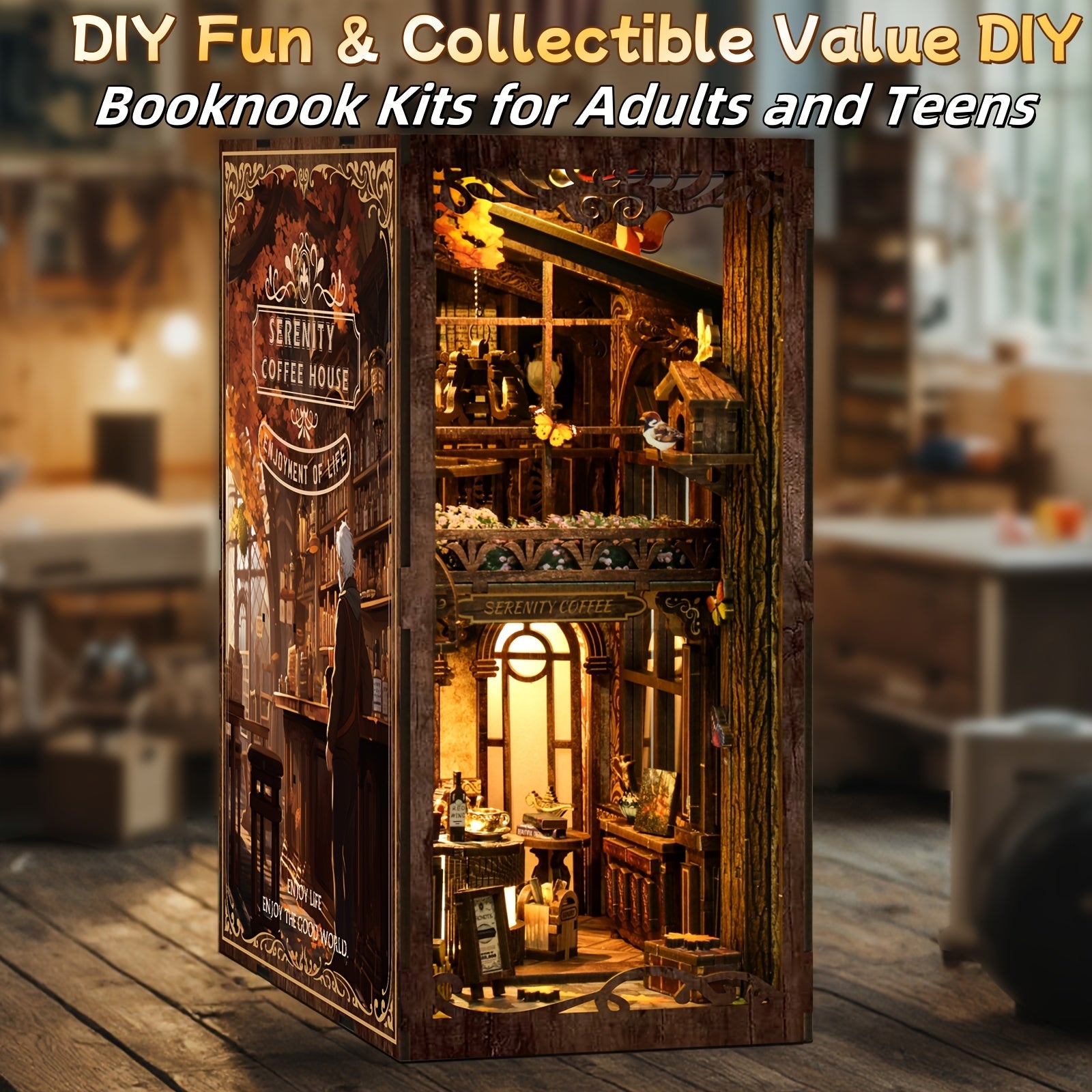 DIY Miniature Book Nook Kit with LED Light Coffee House 3D Wooden Bookshelf Insert Puzzle Dustproof Craft Kit Gift for Adults Teens Craft Lovers