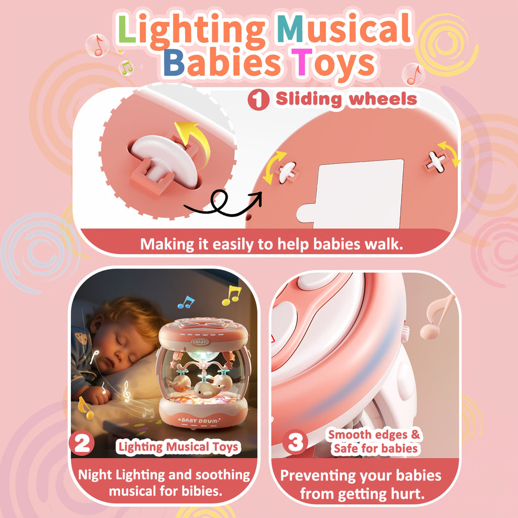JOVOW Baby Rotating Projector Music Toy for 3 Months+ – Interactive Animal Sounds & Music, Multi-Functional Sensory Learning Toy for Infant Boys Girls, Party Music, Skills Development, Pink & Blue