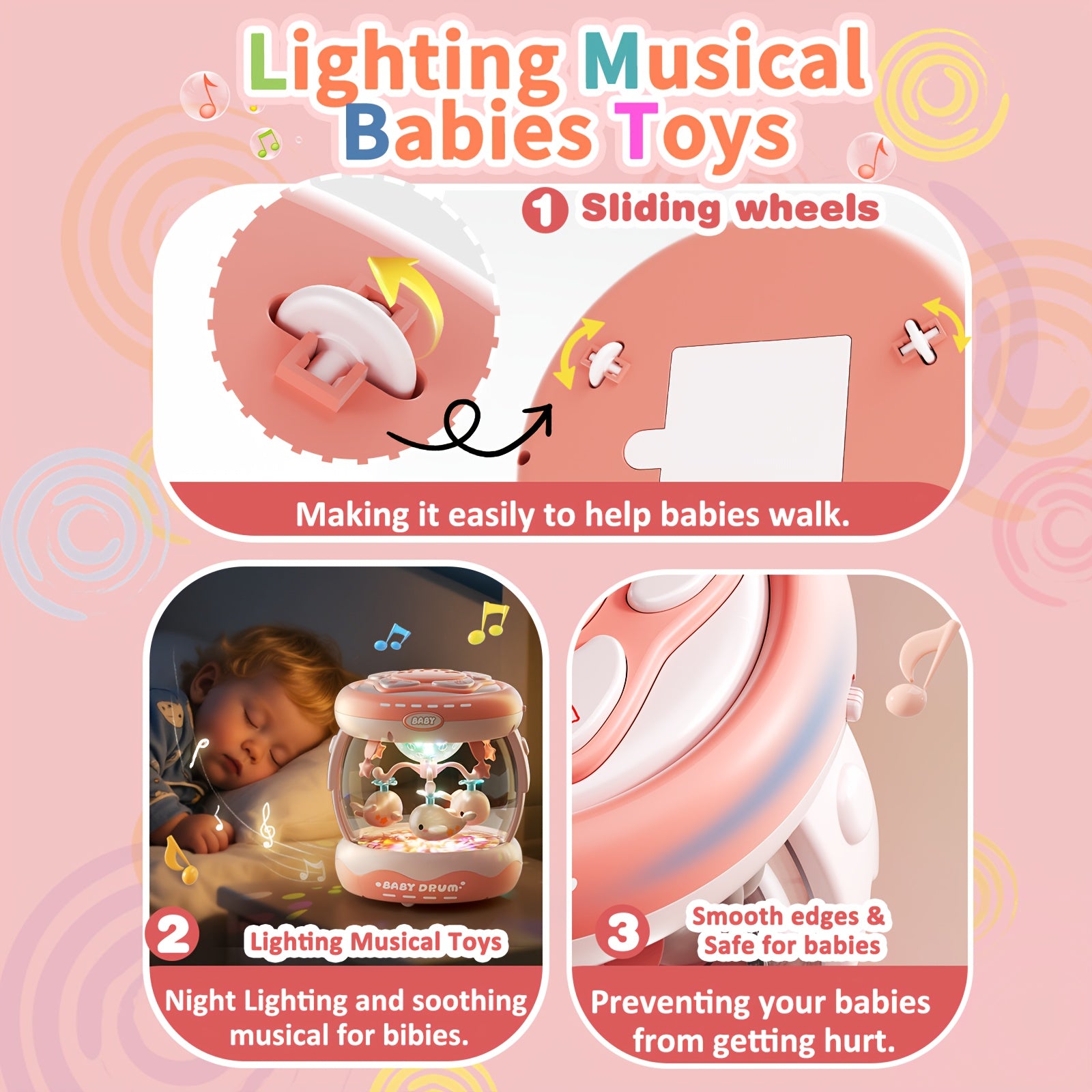 JOVOW Baby Rotating Projector Music Toy for 3 Months+ – Interactive Animal Sounds & Music, Multi-Functional Sensory Learning Toy for Infant Boys Girls, Party Music, Skills Development, Pink & Blue
