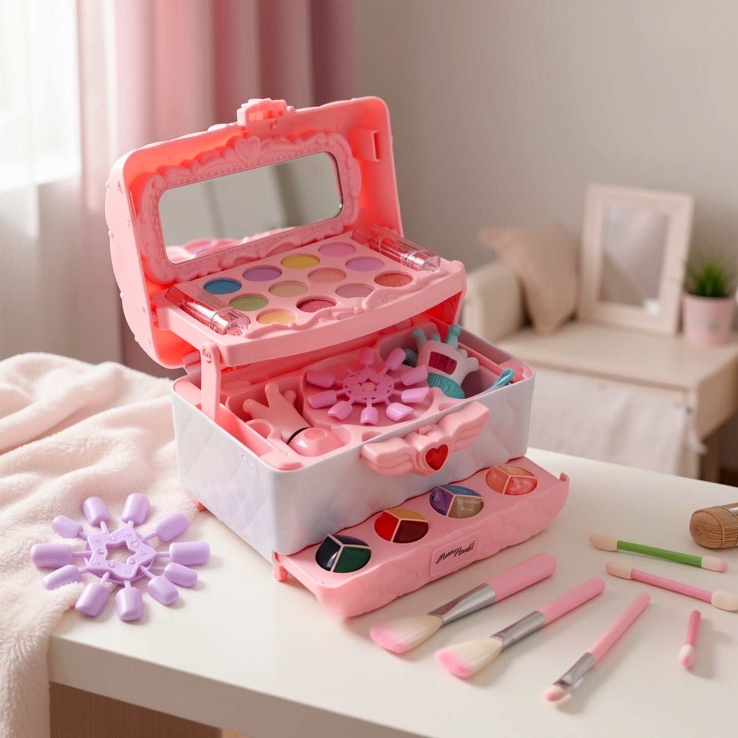 Kids Makeup Kit for Girls 48 Piece Washable Hypoallergenic Eyeshadow Blush Lip Gloss Nail Polish Glitter Princess Pretend Play Cosmetic Set Ages 5-12 Birthday Christmas Gift
