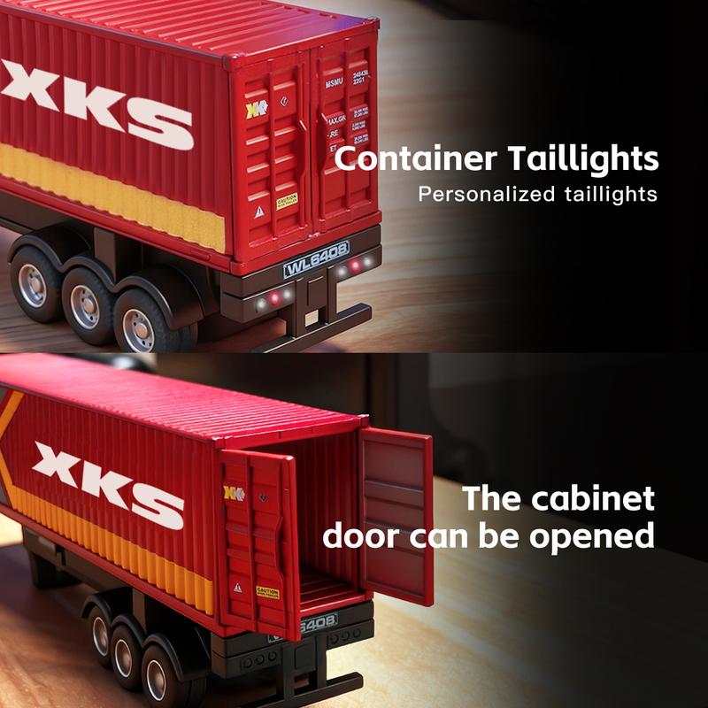Mini RC Semi Truck with Detachable Container Trailer, HOTFREE 1:64 Scale Red 2.4GHz Remote Control Vehicle with LED Headlights for Indoor Play and Display