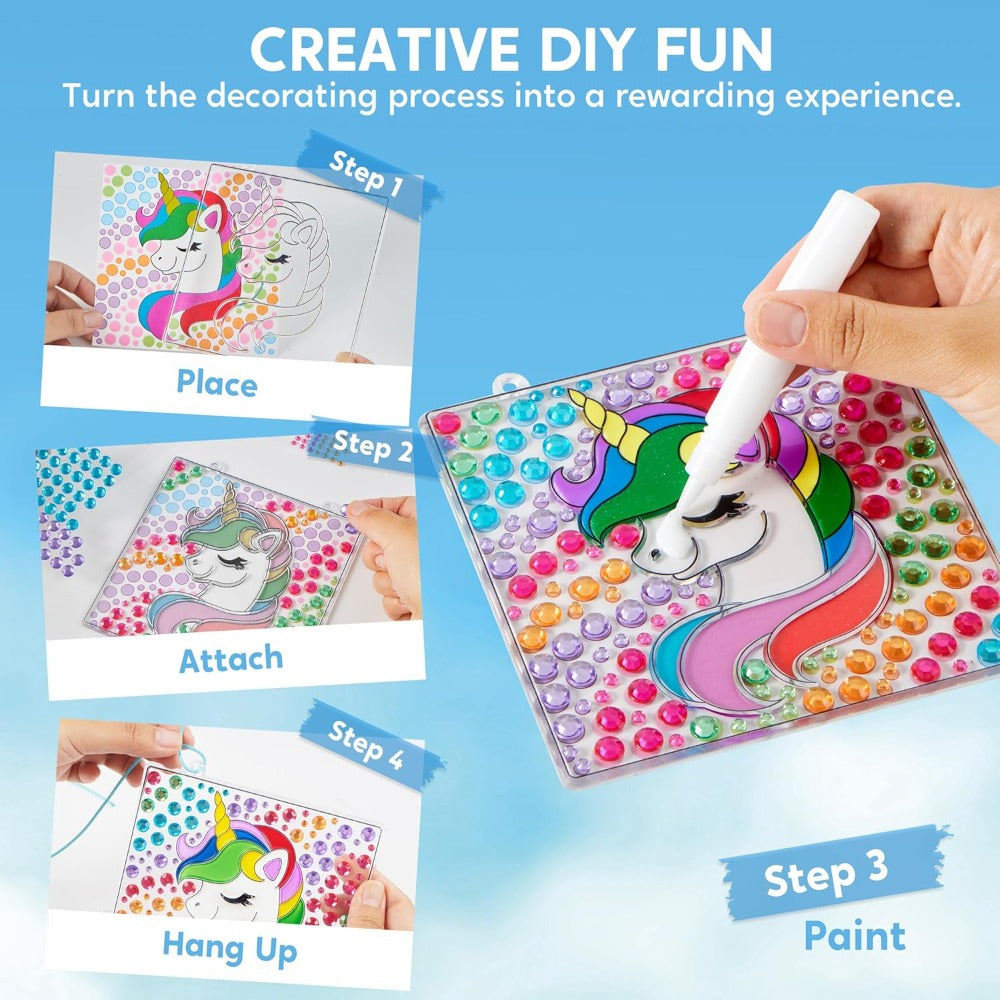 4-Piece Suncatcher Painting Kit 2-in-1 Gem Stickers and Window Paint Pens Butterfly Unicorn Rainbow Sun Designs Arts Crafts Gift for Girls Boys Ages 6 Plus