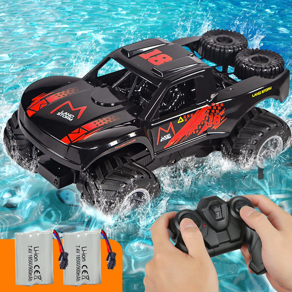 Amphibious RC Monster Truck 1:16 Scale 4WD Waterproof - 2 Rechargeable Batteries, All Terrain Off-Road RC Car for Kids Boys Ages 4-7, Birthday Gift