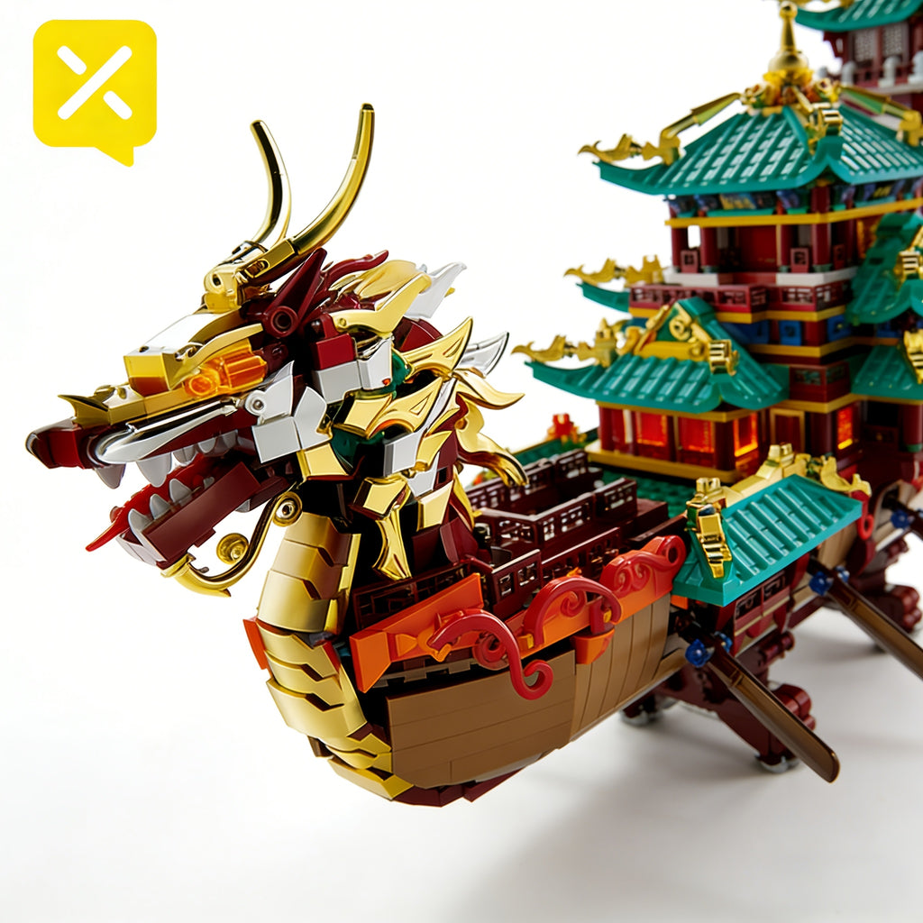 2453-Piece Dragon Boat Building Block Set Large Scale Chinese Dragon Boat Festival Model Kit - ABS Bricks Medium Difficulty, Unique Cultural Display Piece, Gift for Adults Teens Collectors