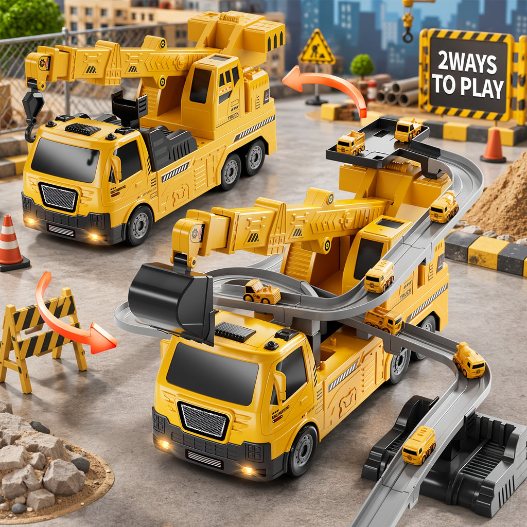 3-in-1 Construction Vehicle Toy Set Crane Excavator Racing Track with 8 Cars Lights Sounds STEM Playset for Kids Boys Girls Toddlers Ages 3+ Birthday Christmas Gift