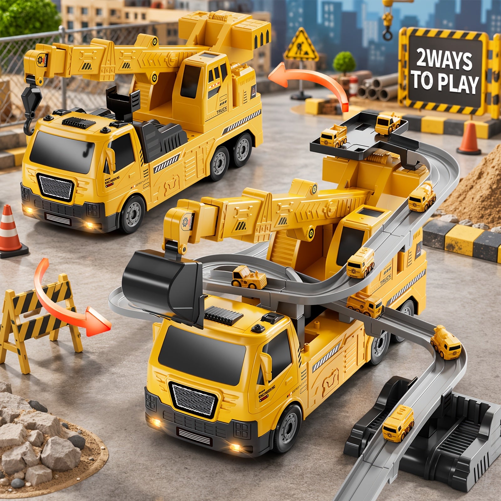 3-in-1 Construction Vehicle Toy Set Crane Excavator Racing Track with 8 Cars Lights Sounds STEM Playset for Kids Boys Girls Toddlers Ages 3+ Birthday Christmas Gift