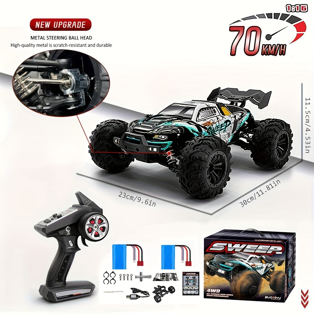 1/16 Scale 4WD Brushless Motor RC Car 70km/h High Speed 2.4G Remote Control Off-Road Drift Racing Truck with 2 Batteries – Kids Adults Gift