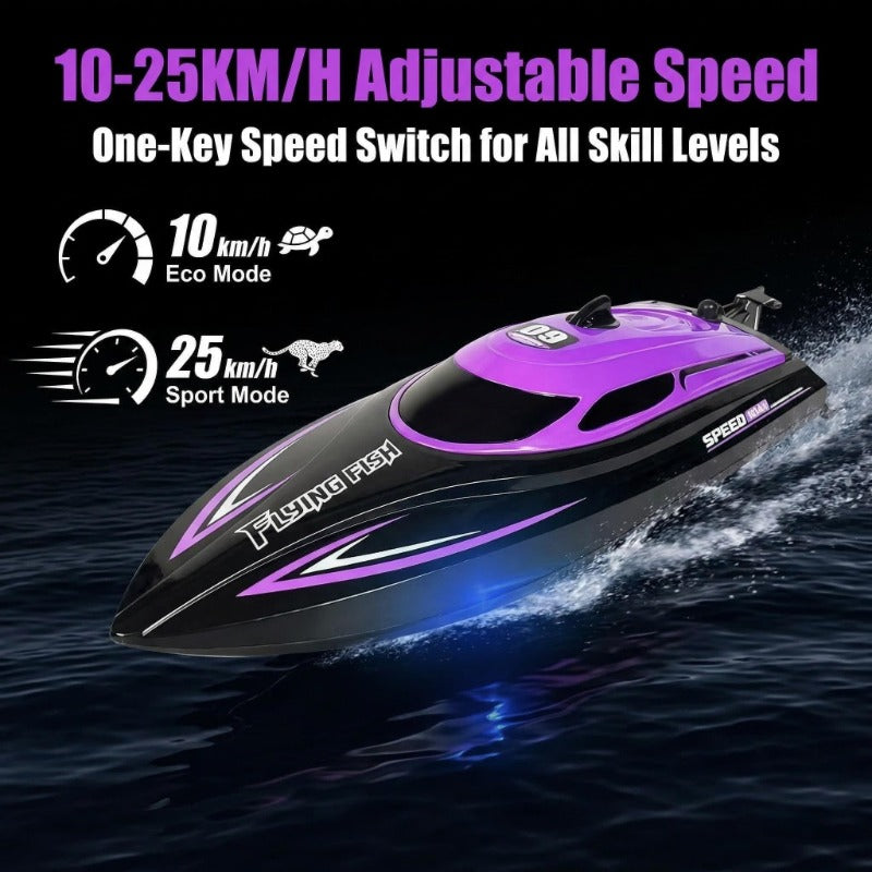 Remote Control Boat for Kids 25KM/H LED Night Light Effect Pool Lake Racing RC Hovercraft Toy One-Touch Speed Control Outdoor Water Toy Ages 6+