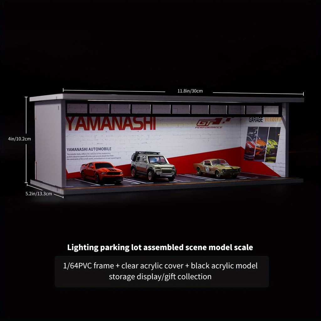 Diecast Display Case 1/64 Scale with LED Light & Acrylic Cover, 6-Space Parking Garage Diorama for Die-Cast Model Cars, Collector Showcase Gift for Car Enthusiasts