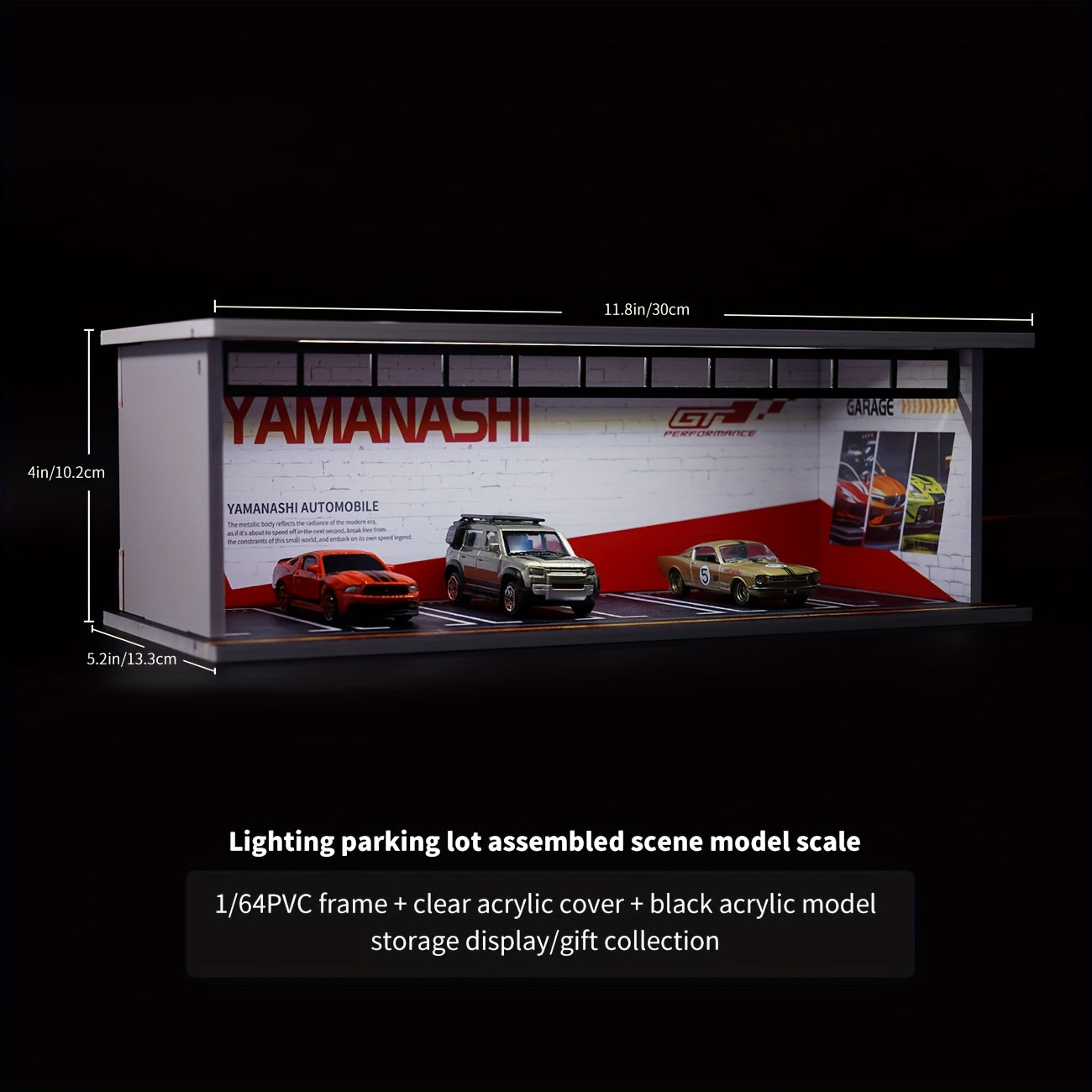 Diecast Display Case 1/64 Scale with LED Light & Acrylic Cover, 6-Space Parking Garage Diorama for Die-Cast Model Cars, Collector Showcase Gift for Car Enthusiasts