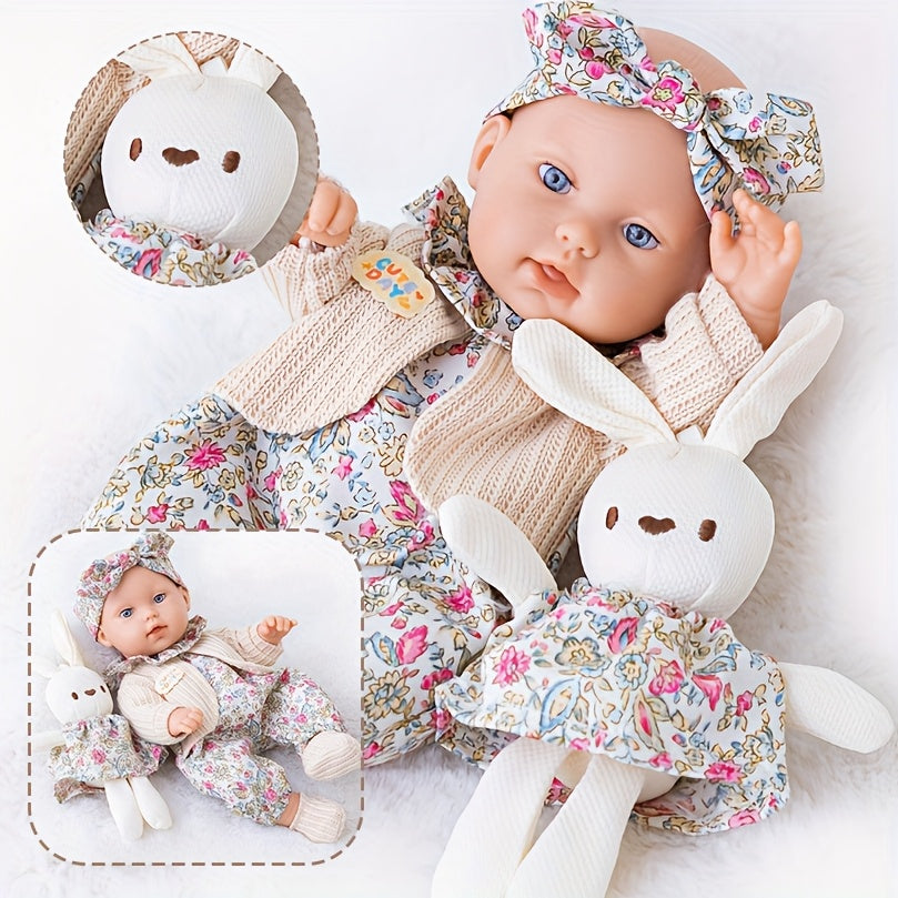 12 Inch Dress-Up Baby Doll Set with Floral Clothes Headscarf Socks & Toy Rabbit – Vinyl Girl Doll Playset for Kids Ages 3+ Birthday Christmas Gift (Beige & Pink)