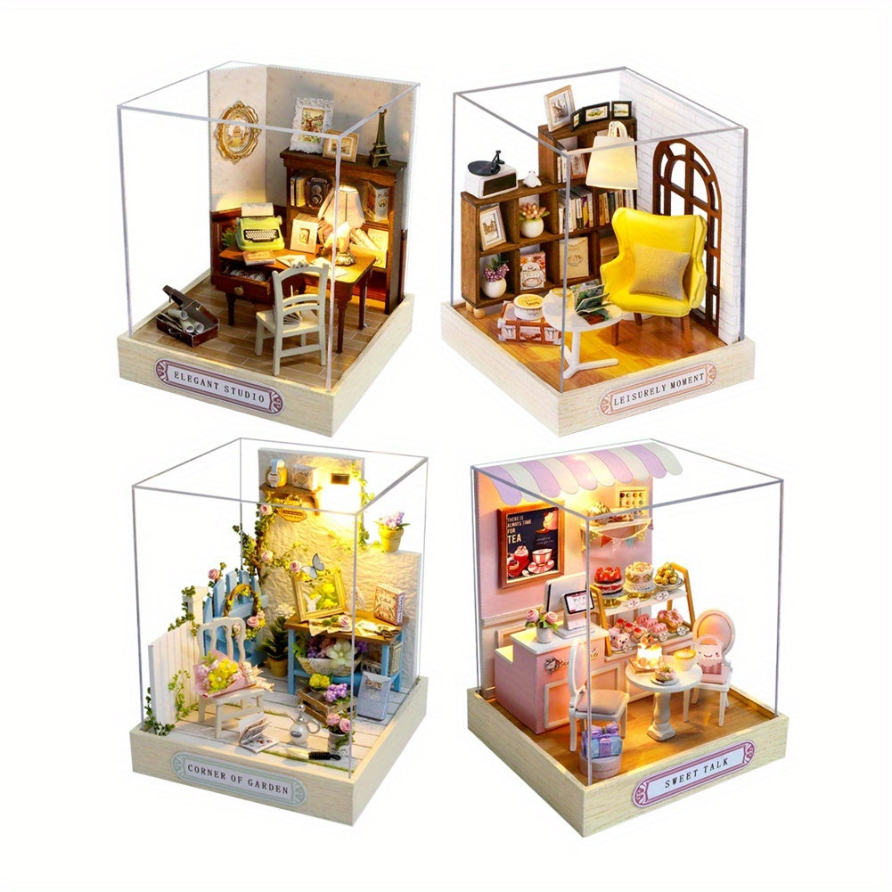 Miniature Dollhouse Kit with Dust Cover – Realistic Mini Doll House Display 4 Styles No Glue Needed for Doll Collectors Teens Adults Ages 14+ Christmas Birthday Gift