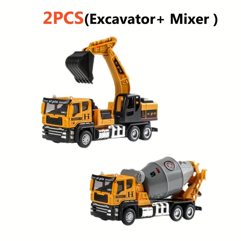 Alloy Construction Vehicles Set for Kids 5.8" – Metal Inertia Excavator Dump Truck Cement Mixer Crane Engineering Toy, No Battery Gift for Boys Ages 3+