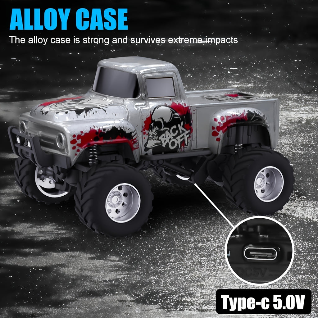 Mini RC Alloy Off-Road Monster Truck 1:64 Scale – 2.4GHz High-Speed Remote Control Crawler with LED Headlights, Street Graffiti Design, Cool Gift for Boys Kids and Adults