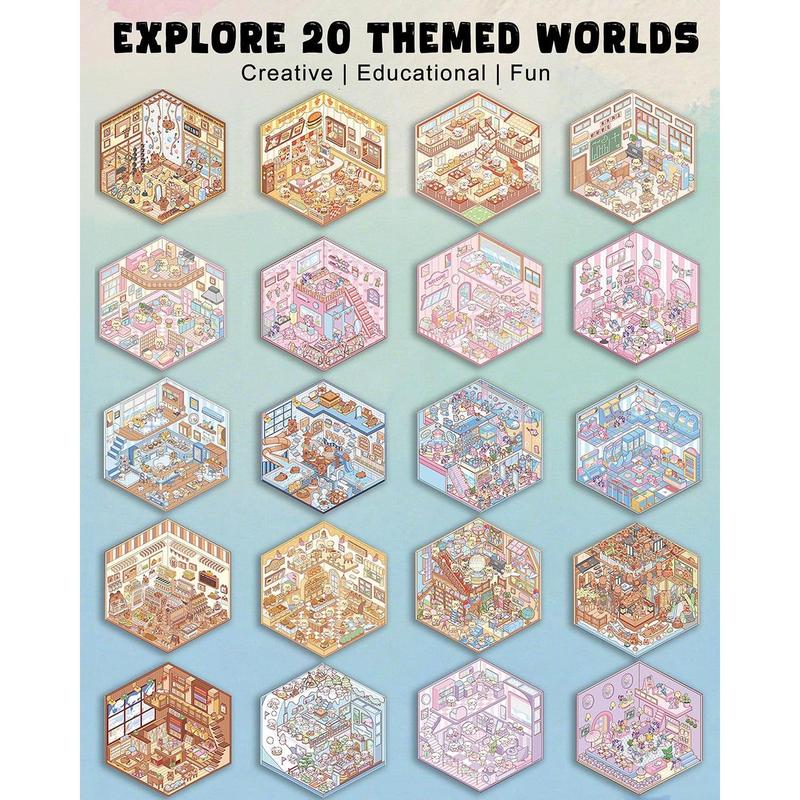 Isometric Sticker Scene Book for Adults, 20 DIY Miniature House and Shop Scenes with Cartoon Animals and Two Tweezers for Relaxing Crafts
