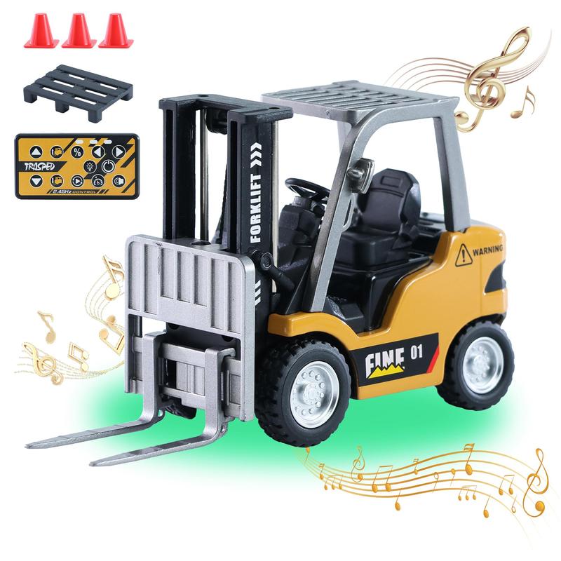 Mini RC Forklift Toy with 2-in-1 Lift Fork & Hook, Rechargeable Battery, Lights and Sound, Construction Vehicle Options for Ages 12+