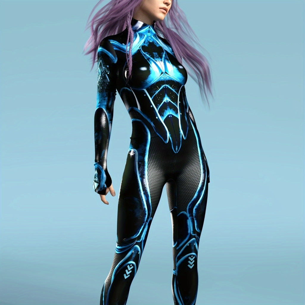 Halloween Mecha Jumpsuit Sci-Fi Futuristic Blue & Black High-Gloss Zippered Bodysuit Costume for Adults