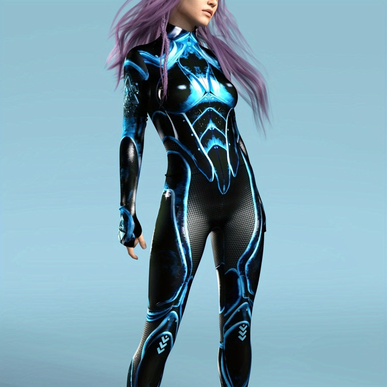 Halloween Mecha Jumpsuit Sci-Fi Futuristic Blue & Black High-Gloss Zippered Bodysuit Costume for Adults