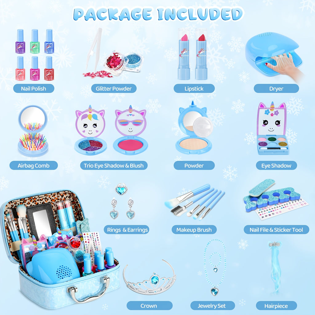 Kids Washable Makeup & Nail Art Set 2-in-1 Princess Toy for Girls Ages 3+ – Complete Cosmetic Kit with Nail Polish Eyeshadow Lipstick Wig Jewelry Birthday Valentine Christmas Gift