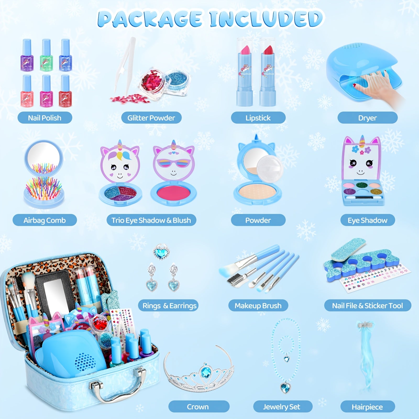 Kids Washable Makeup & Nail Art Set 2-in-1 Princess Toy for Girls Ages 3+ – Complete Cosmetic Kit with Nail Polish Eyeshadow Lipstick Wig Jewelry Birthday Valentine Christmas Gift