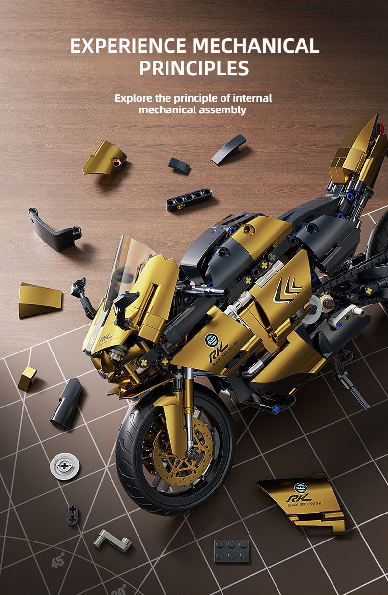 Motorcycle Building Blocks 1000pcs 1:10 Scale DIY Model Kit – Black & Gold Collectible Motorbike Display Ornament for Adults – Large Size Brick Set, Birthday & Christmas Gift for Motorcycle Fans