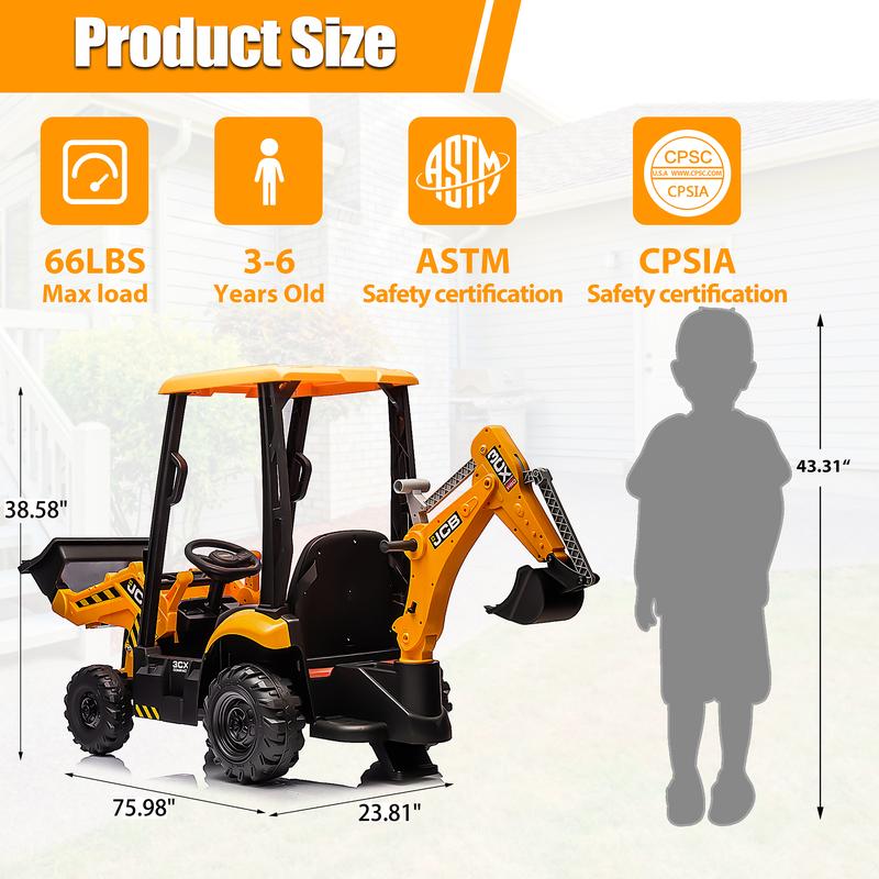 Ride-On Backhoe Digger for Kids Ages 3–6, Segmart 12V JCB Electric Tractor with Parent Remote, Front Loader and Rear Digging Arm