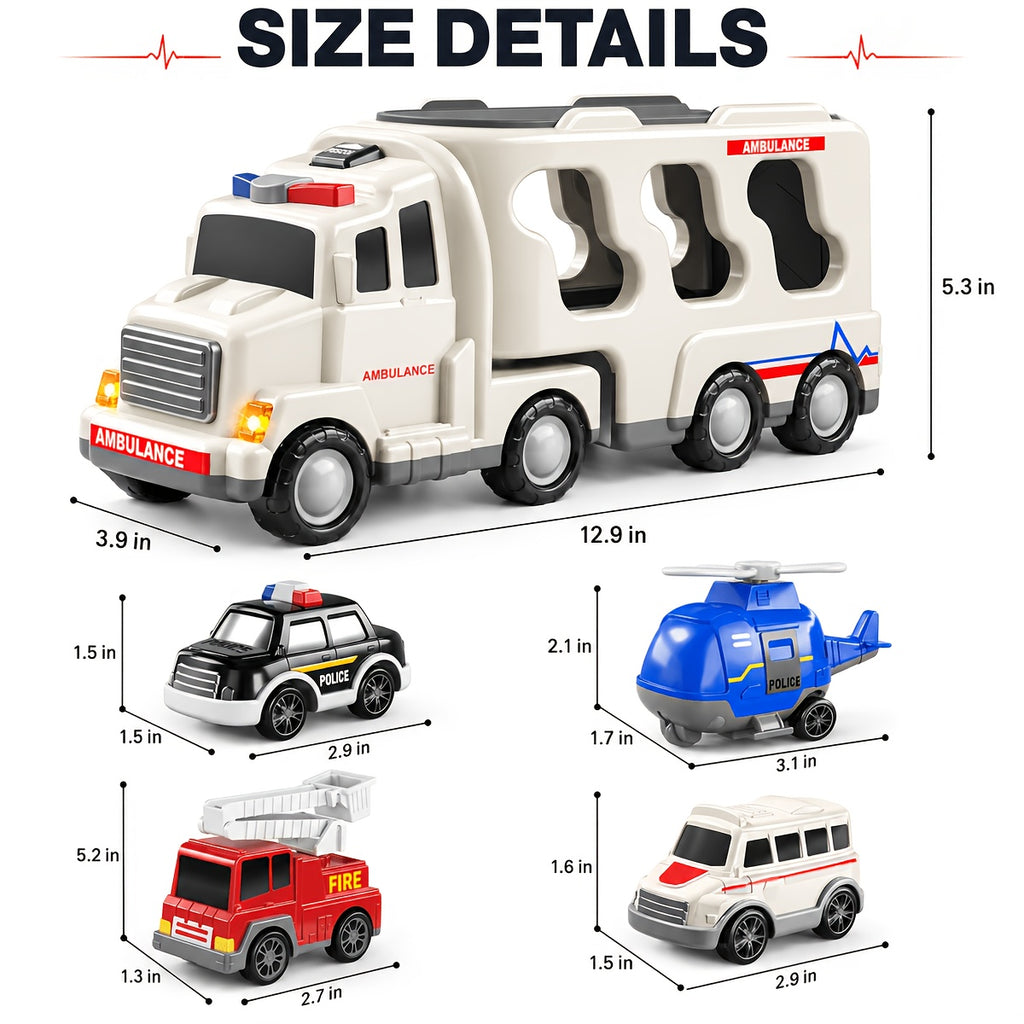 5-in-1 Emergency Vehicle Toy Set with Lights & Sounds – Friction Power Ambulance, Police Car, Fire Truck & Rescue Helicopter for Kids