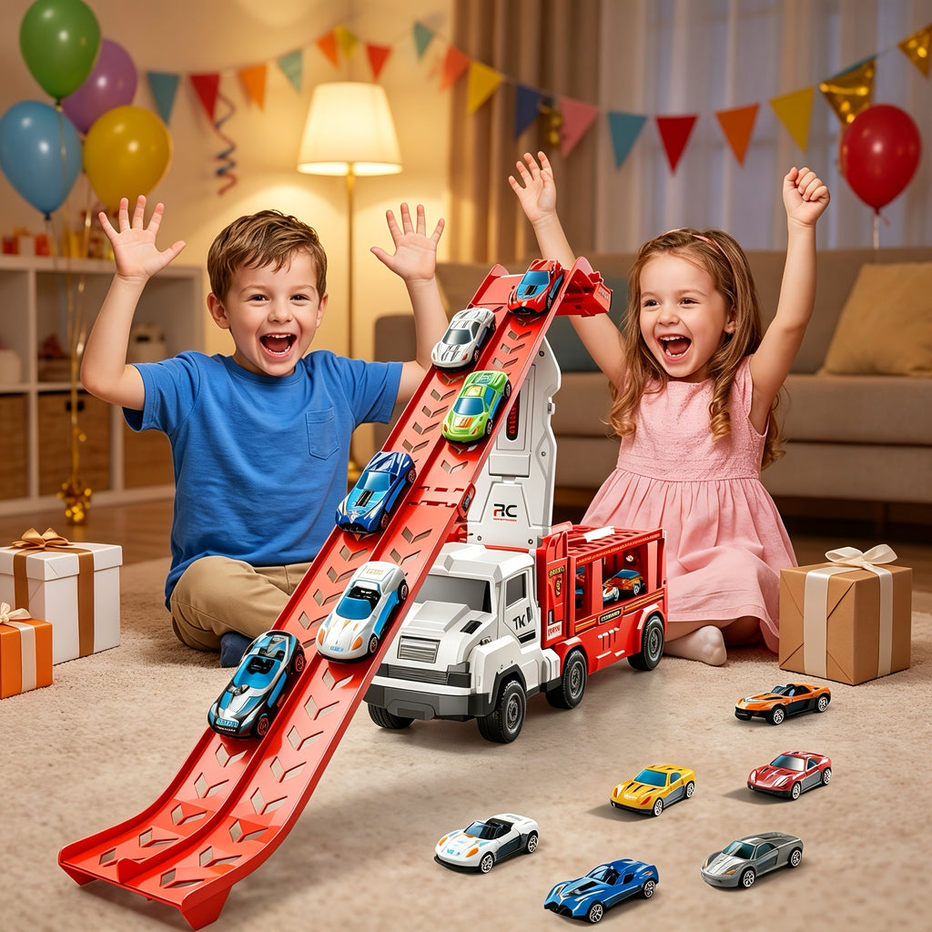 3-in-1 Kids Carrier Truck Toy with Car Tracks, 12 Racing Cars, Foldable Race Track & Garage – Toddler Birthday Gift for Boys Girls Ages 3+, Red