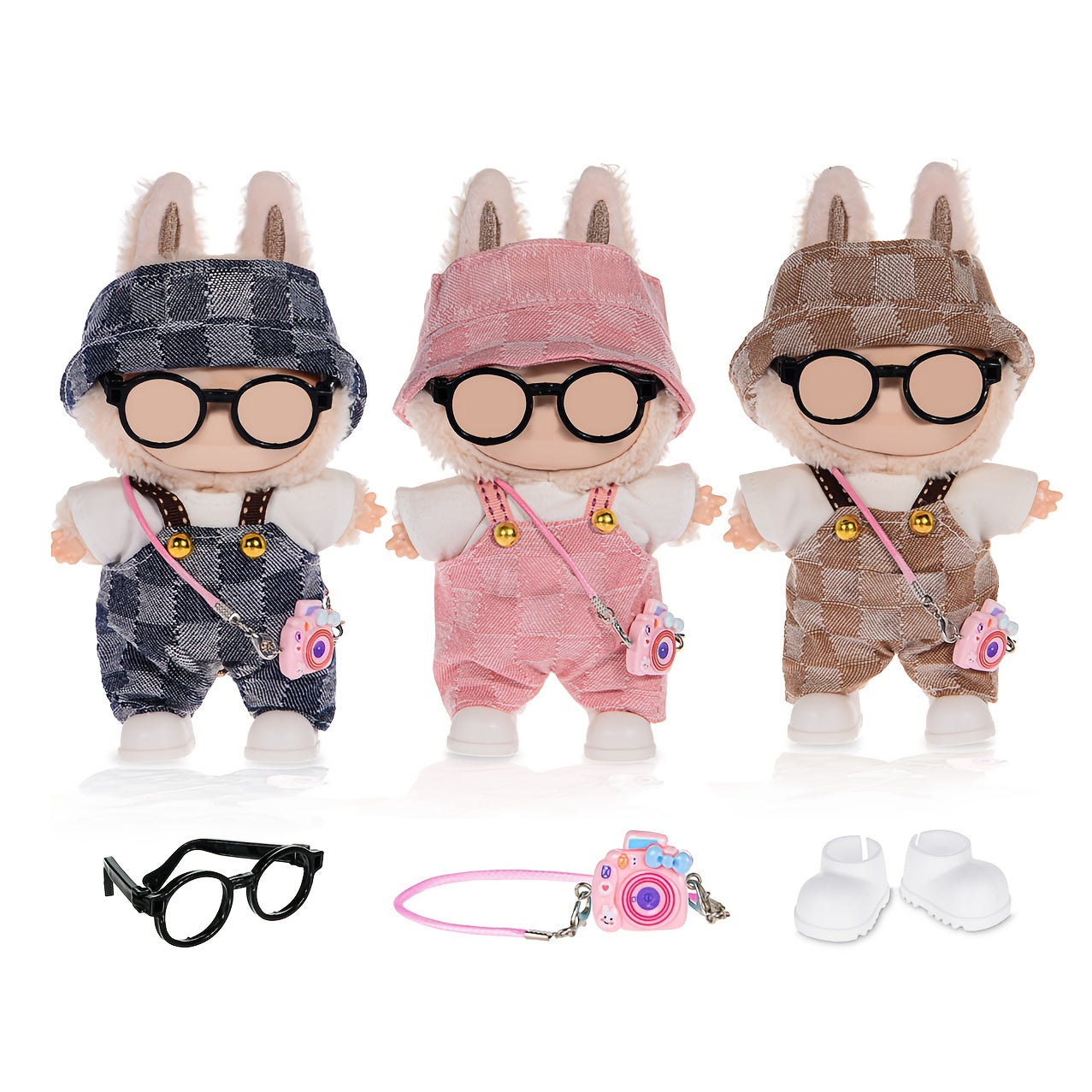 Labubu Doll Clothes 3 Outfits for 17cm Plush Dolls – Hats Shirts Pants Glasses Backpack Shoes Casual Dress-Up Accessories Kit No Doll Kids Collectors Gift