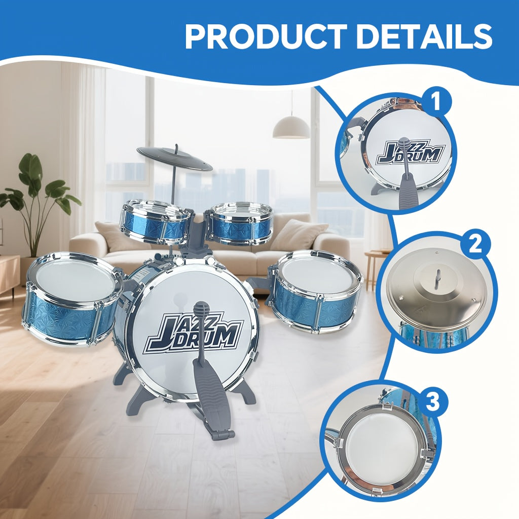 Kids Drum Set with Chair for Toddlers Ages 3-5 - Children's Musical Instrument Toy, Birthday Christmas Gift for Boys & Girls, Black & Deep Blue