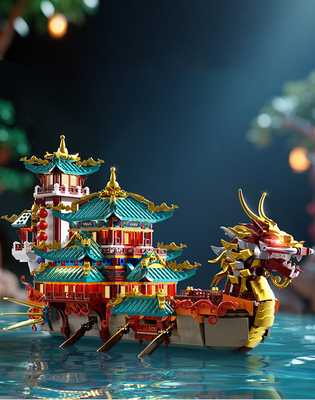 2453-Piece Dragon Boat Building Block Set Large Scale Chinese Dragon Boat Festival Model Kit - ABS Bricks Medium Difficulty, Unique Cultural Display Piece, Gift for Adults Teens Collectors