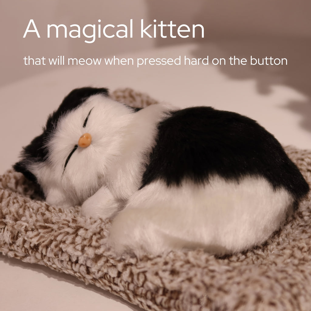 Sleeping Kitten Plush Toy with Meow Sound – Realistic Stuffed Cat Doll Soft Faux Fur, Press-Back Sound, Cute Mini Decor Gift for Kids & Cat Lovers