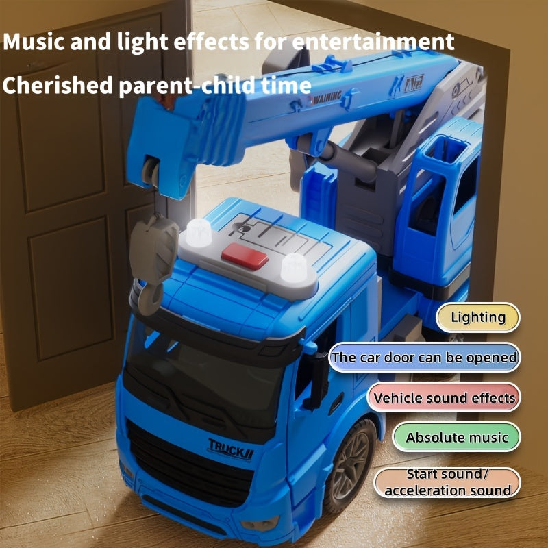 Inertia Crane Toy Engineering Vehicle with Interactive Track Telescopic Arm Double Doors No Battery Construction Truck for Kids Toddlers Ages 3+ Birthday Christmas