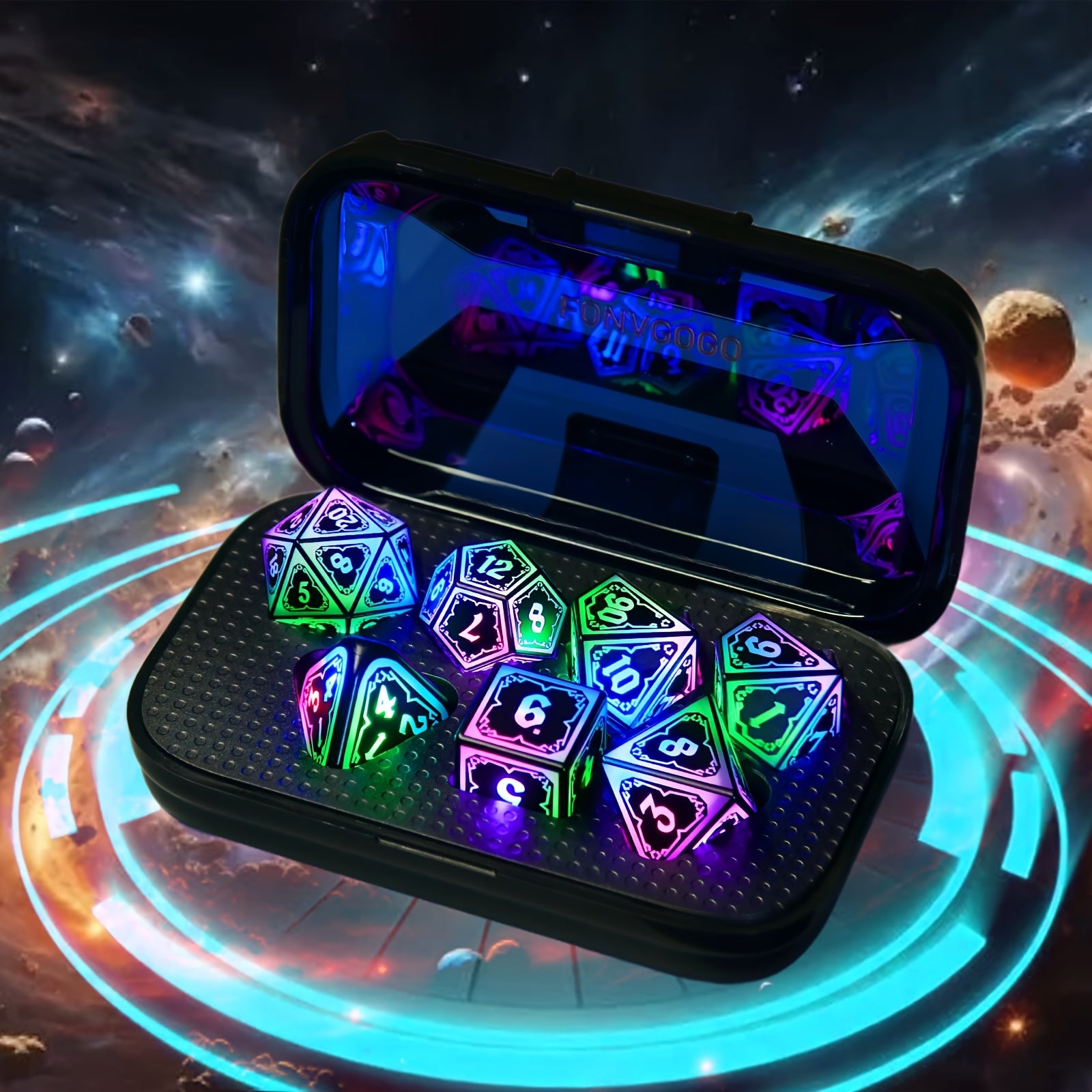 LED DND Dice Set with Wireless Rechargeable Charging Case 7 Polyhedral Glowing Dice – D4 D6 D8 D10 D12 D20 D100 for RPG Tabletop Games, Clear Numbers, 6Hr Battery, Christmas Halloween Gift