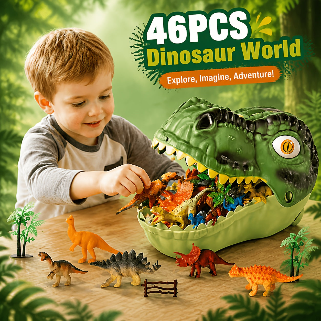 Dinosaur Toys Playset 46 Pcs for Kids – Realistic Jurassic Dinosaur Figures with Eggs, Trees & Fence, Build a Dino World, Educational Gift for Boys & Girls Ages 3+