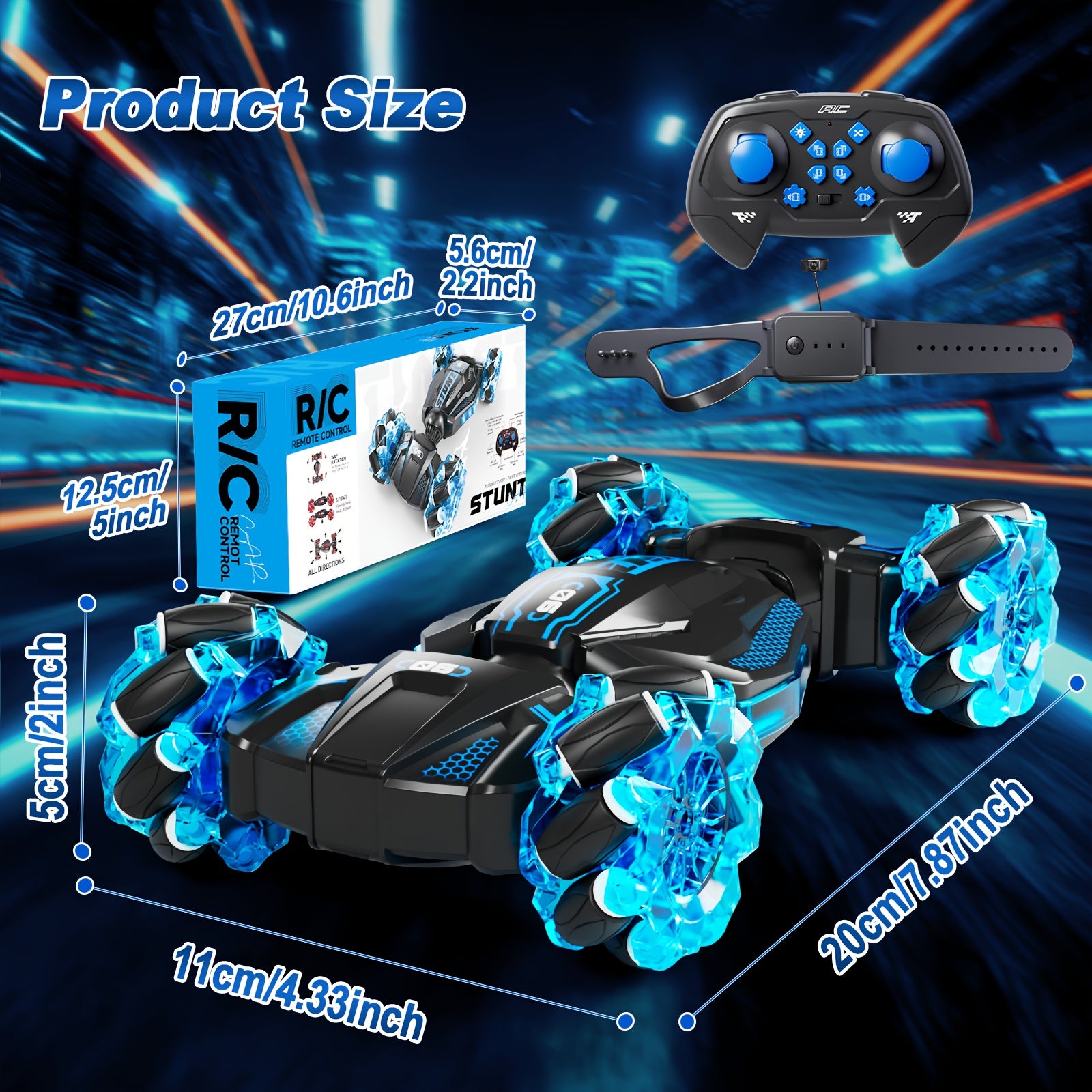 RC Stunt Car for Kids 8WD Dual Remote Control, 1:24 Scale 2.4GHz 28Km/h All-Terrain LED Race Car, Crash-Resistant Birthday Gift for Boys Girls