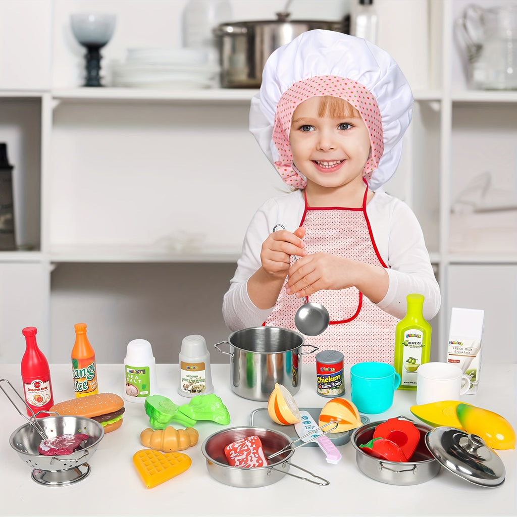 Kids Kitchen Toy Set 37-Piece, Stainless Steel Play Pots & Pans with Apron Chef Hat & Play Food, Pretend Cooking Playset, Birthday Gift for Boys Girls Toddlers