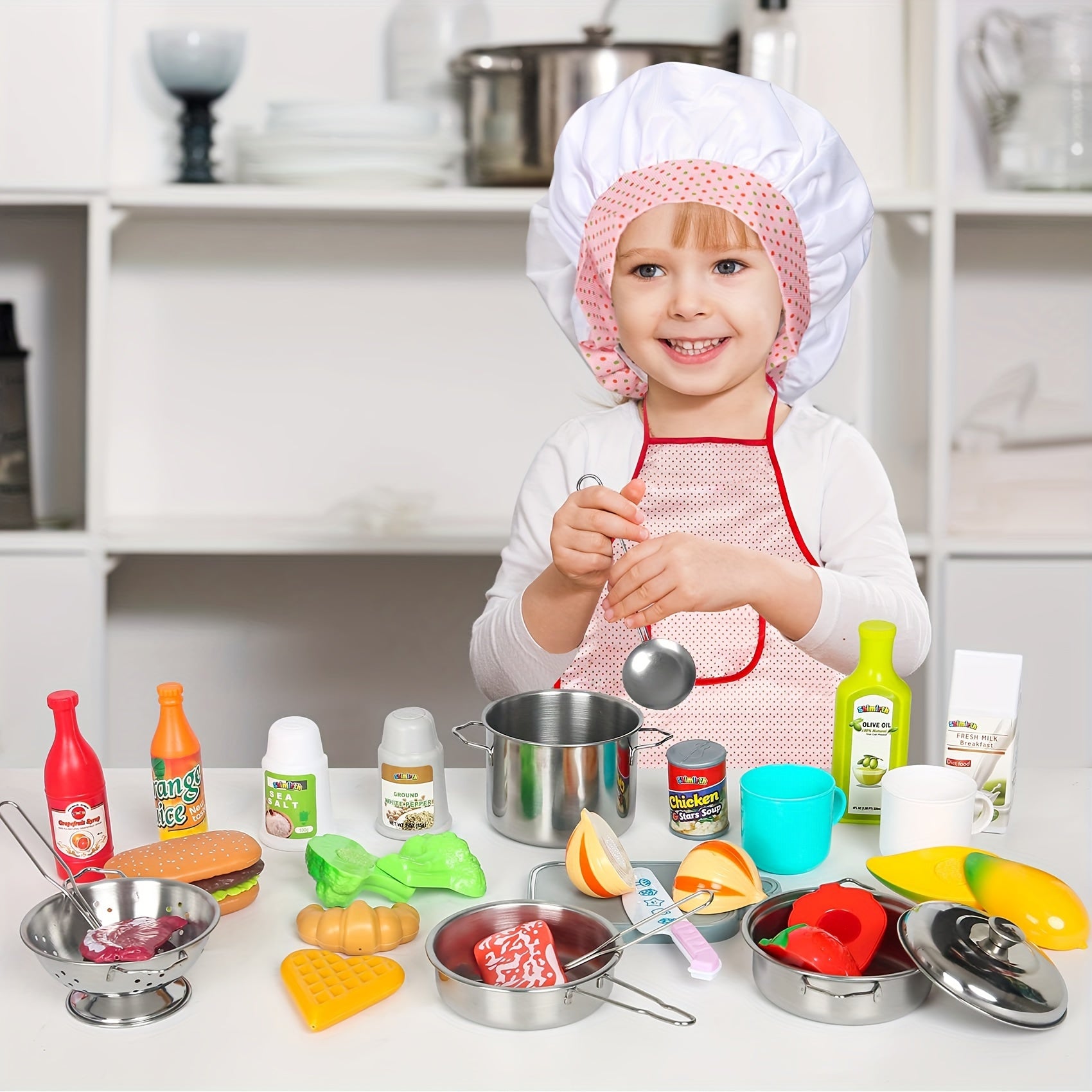 Kids Kitchen Toy Set 37-Piece, Stainless Steel Play Pots & Pans with Apron Chef Hat & Play Food, Pretend Cooking Playset, Birthday Gift for Boys Girls Toddlers