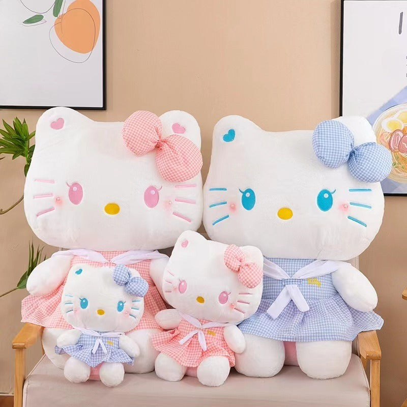 Hello Kitty Dress-Up Plush Stuffed Toy 13.78 Inch – Oversized Sanrio KT Cat Soft Doll, Home Decor Plushie, Birthday Gift for Girls, Pink Plaid & Blue Plaid