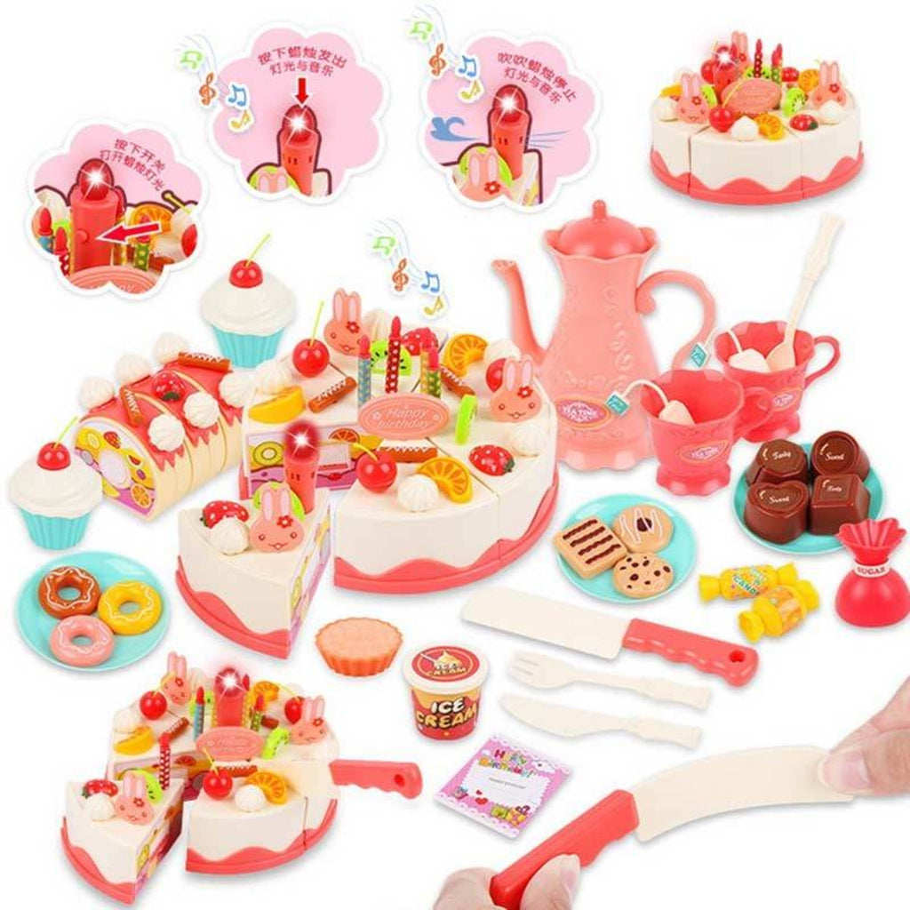 Birthday Cake Tea Party Play Food Toy Set Kids Pretend Play Cake Decorating Dessert Accessories 75-85pcs Girls Ages 3+