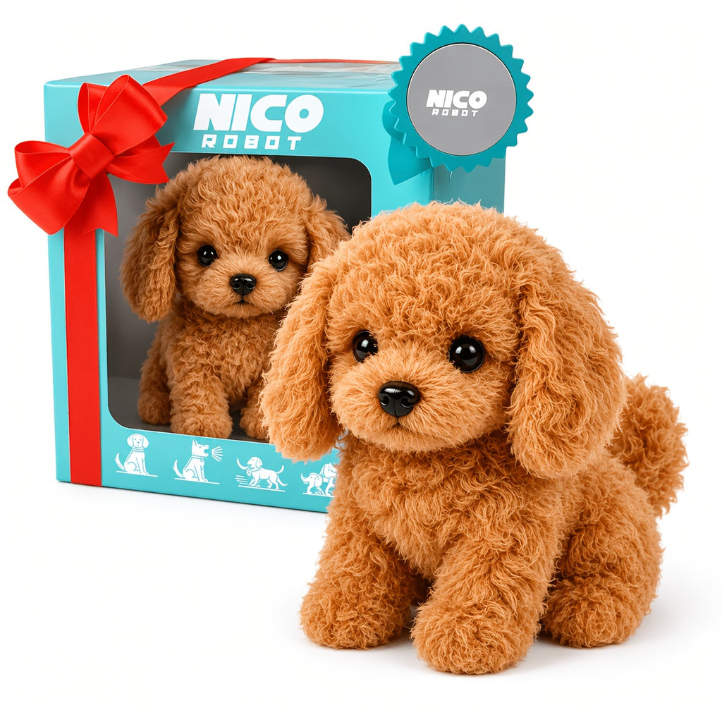 Teddy Brown Plush Puppy Gift Set – Walking Puppy Toy in Gift Box, Cute Soft Plush Dog for Kids, Christmas Birthday Present for Boys Girls Ages 3+