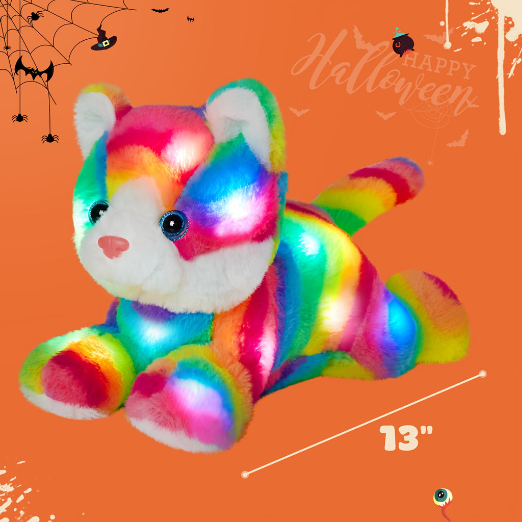 Musical Glowing Rainbow Cat Stuffed Animal - Soft Plush Cat Toy with Colorful LED Lights & Sound, Cute Kawaii Cat Plushie for Playtime Birthday New Year Party Decoration Gift