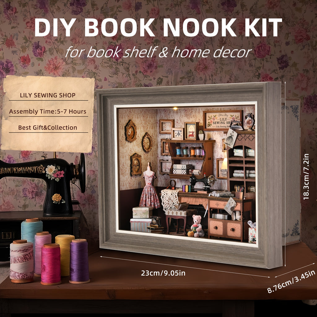Book Nook Kit Sewing House 3D Wooden Puzzle Bookshelf Insert with LED – Miniature Model Building Kit, Cool Room Decor & Birthday Gift for Adults & Teens (Fireplace or Dwarf Style)