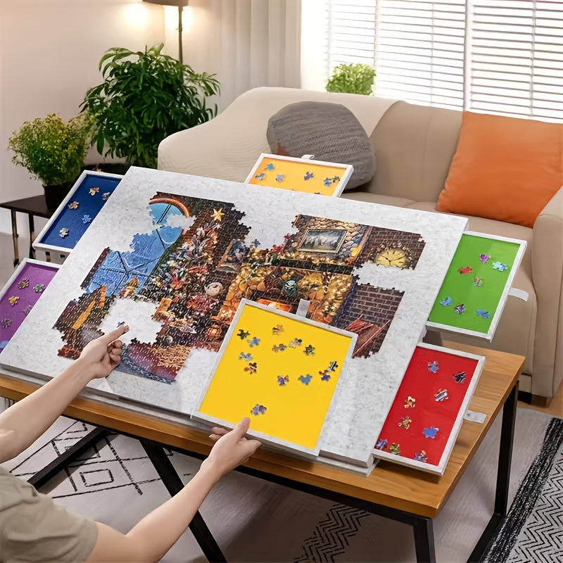 Felt Puzzle Board with 6 Colored Drawers & Tilting Stand – Portable 1000 & 1500 Piece Puzzle Table with 2-in-1 Bracket Cover for Adults
