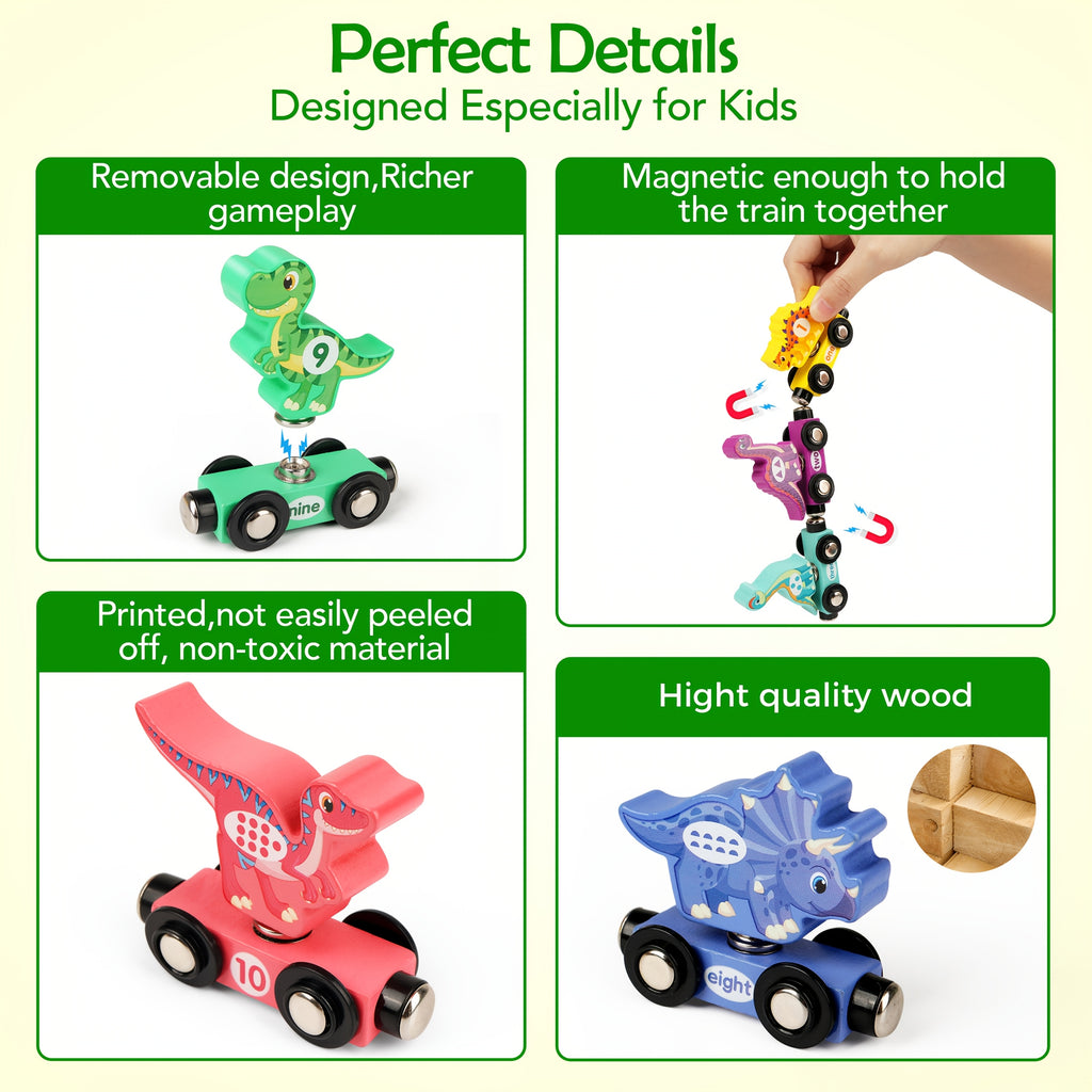 Dinosaur Magnetic Wooden Train Set 11pcs Number Learning - Educational STEM Toy for Toddlers Ages 3-5, Birthday Christmas Gift for Boys & Girls