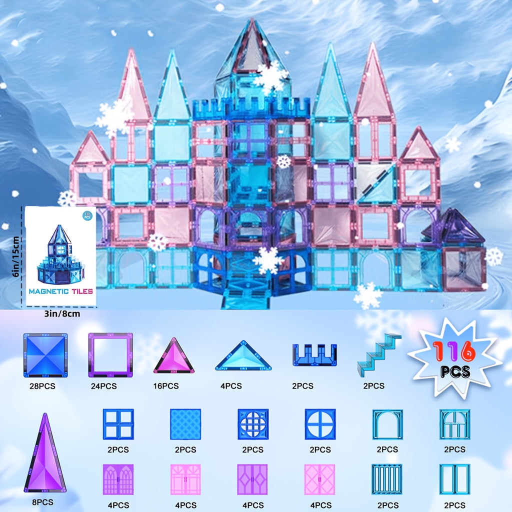 Magnetic Tiles for Kids 116pcs Castle STEM Building Blocks – 3D Magnetic Construction Pretend Castle Playset Preschool Learning Toy Gift for Boys Girls Age 3+