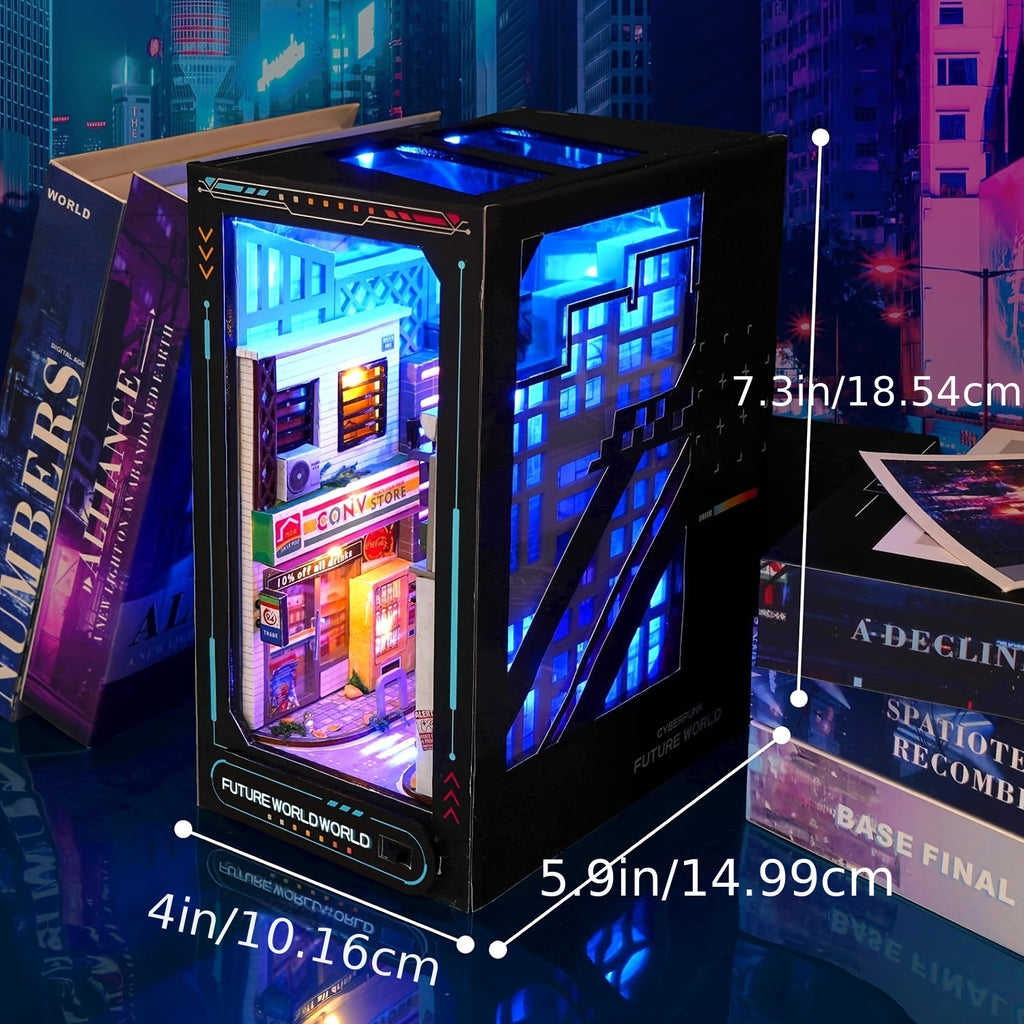 Book Nook Kit with Lights DIY Near Future Sci-Fi – 3D Wooden Miniature Dollhouse Bookshelf Insert Home Decor Gift for Teens Adults Birthday Christmas No Battery No Glue