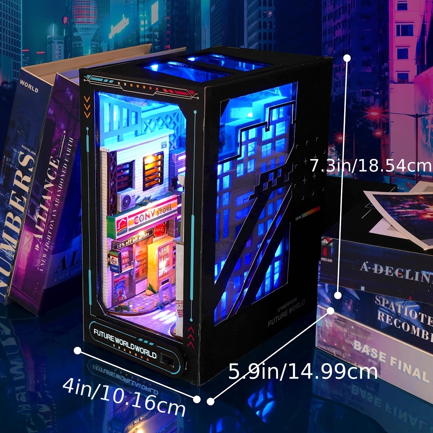 Book Nook Kit with Lights DIY Near Future Sci-Fi – 3D Wooden Miniature Dollhouse Bookshelf Insert Home Decor Gift for Teens Adults Birthday Christmas No Battery No Glue